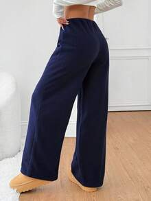 SHEIN PETITE 女款純色寬鬆休閒褲，冬季寬腿運動褲舒適海軍藍抽繩居家褲，感恩節休閒家居褲，小碼女款 - 藍色 - 查看 2