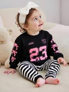 SHEIN Bộ đồ mặc nhà thường ngày mùa xuân/hè dễ thương cho bé gái từ 0-3 tuổi và bộ đồ mặc nhà dài tay cổ tròn in số + quần legging bó có gân - màu đen - Xem 3