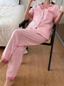 SHEIN Bubble Crinkle Colorblock Short Sleeve & Pants Women Pajama Set - Multicolor - View 5
