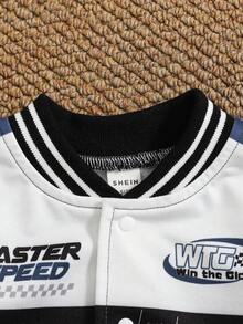 SHEIN Baby Boys' Motorcycle Jacket, Colorblock Letter Print Stand Collar Moto Jacket, Suitable For Autumn/Winter Outings - Blue - View 4