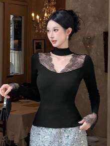 DAZY 女式撞色蕾丝镂空修身长袖毛衣，白色，春秋 - 黑色 - 查看 6