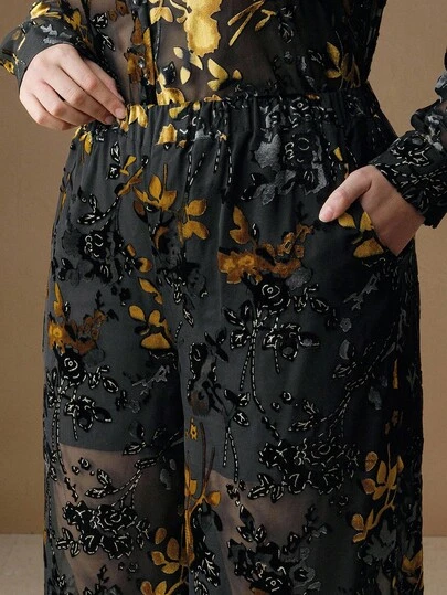  Anewsta 优雅天鹅绒烂花面料半透明腰带直筒裤，秋冬