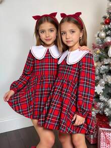 SHEIN Robe décontractée pour jeune fille avec col claudine en tartan tressé et broderie - Rouge - Voir 3