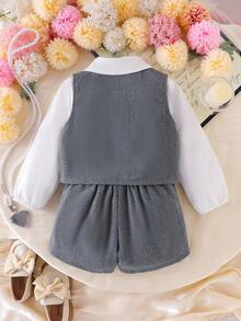 SHEIN 3件套女童长袖翻领休闲衬衫、精致珍珠纽扣背心外套、短裤套装，现代风格儿童服装，春秋冬装 - 黑色 - 查看 2