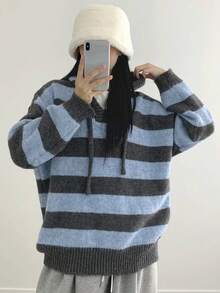 DAZY 女式复古条纹连帽毛衣，宽松设计厚实柔软套头衫，秋冬