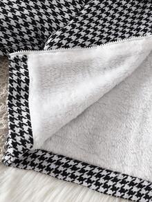SHEIN Young Girls Cute Houndstooth Collar Fluffy Long Sleeve Jacket Paired With White Undershirt And Comfortable A-Line Skirt Outfit Fall Winter - Black - View 8