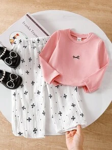 SHEIN 2pcs Baby Girls Elegant Fitted Bow Decor Round Neck Long Sleeve Top And Jacquard Butterfly Straight Leg Pants Set, Spring/Autumn - Pink - View 4