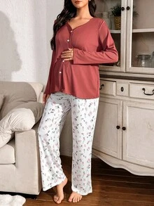 Moonlight&Mama Zestaw piżamowy Moonlight & Mama dla kobiet w ciąży, jednokolorowy, dzianinowy, z długim rękawem i spodniami, z drobnymi kwiatowymi spodniami, odzież nocna, jesienne ubrania, zestawy piżamowe dla kobiet z długim rękawem, zimowe - Wielokolorowe - Zobacz 6