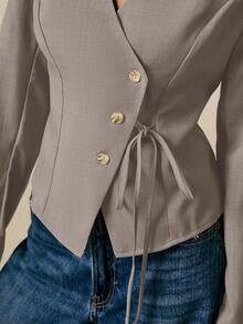 Poéselle Women's Fashionable Versatile Solid Color Lace-Up Shirt For Commuting - Dark Grey - View 3