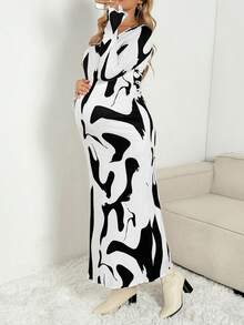 SHEIN 孕妇时尚通勤拼色印花连衣裙 - 黑與白 - 查看 5