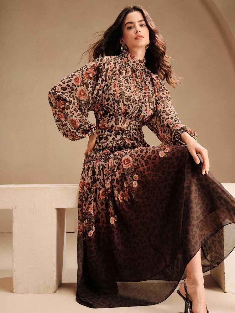 Women's High-End Leopard Print Gradient Vintage Stand Collar Maxi Dress, Elegant, Chic, Suitable For Fall, Autumn, Party, Christmas, New Year
