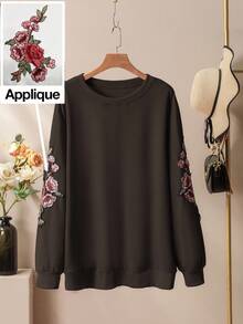 Lacomfia Casual Solid Color Round Neck Patch Sleeve Loose Regular Sweatshirt, Plus Size, Spring/Autumn - Brown - View 1
