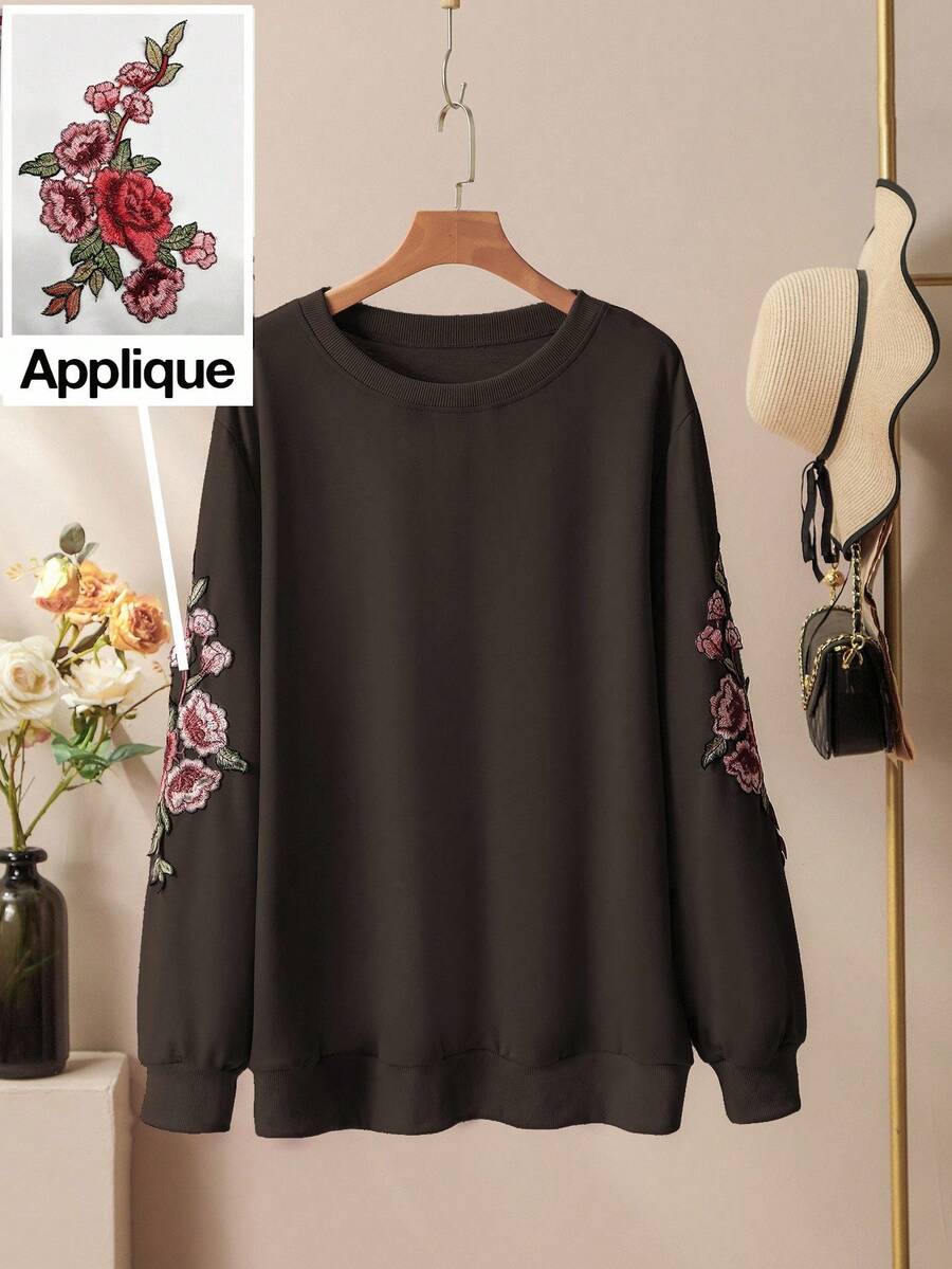Lacomfia Casual Solid Color Round Neck Patch Sleeve Loose Regular Sweatshirt, Plus Size, Spring/Autumn - Brown - View 1
