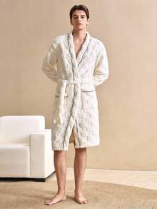 Men's Contrast Stitching Belted Robe, Autumn/Winter, For Fall, Fluffy Fleece Robe, Cozy - White - View 7