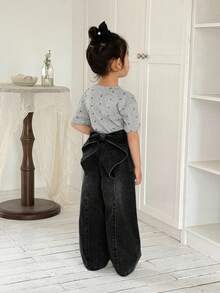 SHEIN 少女可爱蝴蝶结装饰牛仔休闲阔腿裤，春夏休闲度假乡村波西米亚风穿搭，海滩风、西部街头风，适合女孩春假、锐舞节等场合。 - 黑色 - 查看 6