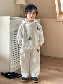 SHEIN 2pcs Kids Boys Casual Letter Print Hooded Loose Sweatshirt And Straight Loose Sweatpants Tracksuit Set, Comfortable For School, Garden, Beach, Birthday, Spring, Summer, Fall, Winter - Multicolor - View 3