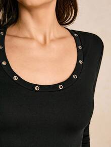 Poéselle Women's Casual Metal Eyelet Fitted Long Sleeve U-Neck Top, Autumn Black Crop Top Women