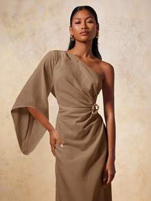 COSMINA Women's Elegant Metallic Buckle Asymmetric Dress - Camel - View 7
