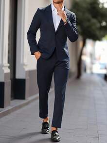 Manfinity Mode 2pcs Men's Business Casual Suit Set, Fashionable Lapel Slim Fit Jacket And Pants, Metal Buckle Decor Pockets, Suitable For Business, Commute, Holidays, Parties And Daily Wear - Navy Blue - View 6