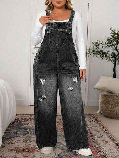 EMERY ROSE 大码休闲水洗做旧牛仔背带裤