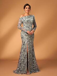 Serin 优雅奢华刺绣珍珠亮片蕾丝透视长袖褶饰高开衩鱼尾裙，适合婚礼、派对、度假、庆典、晚会、新娘妈妈礼服 - 淺灰色 - 查看 6