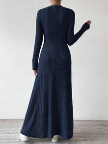 Almamuse Solid Color V-Neck Knit Fleece Long Sleeve A-Line Dress Maxi Women Outfit - Navy Blue - View 2