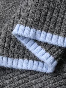 FRIFUL 女士撞色圆领二合一落肩长袖宽松休闲套头毛衣，秋季 - 灰色 - 查看 8