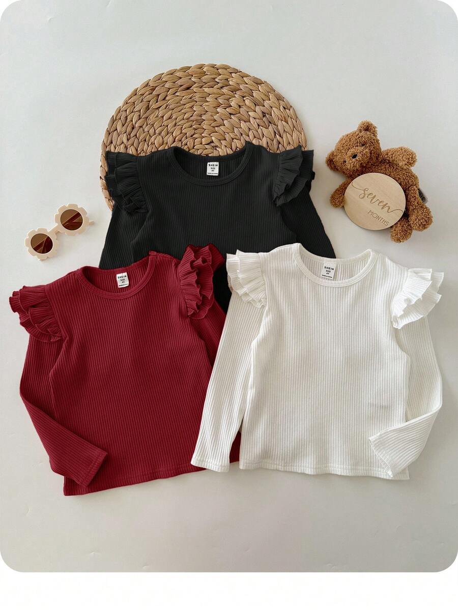 SHEIN Baby Girl 3-Piece Set Flutter Sleeve Ribbed Knit Tops,Cute Black And White Autumn Long Sleeve Shirt For Toddler & Newborn,Matching Family,Soft Fabric - Multicolor - View 1