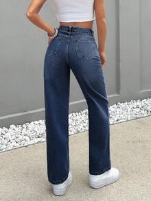 EURMUSE HIGH RISE STRAIGHT CUT LIGHT BLUE JEAN TALL - Dark Wash - View 2