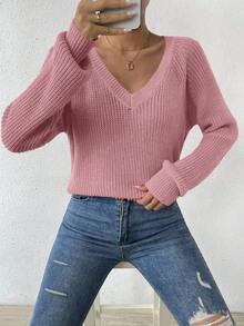 SHEIN LUNE Women's Casual Everyday Commute Simple Solid V-Neck Raglan Sleeve Ribbed Knit Pullover Sweater, Autumn/Winter - Pink - View 7