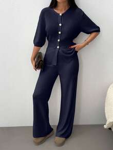 EURMUSE Women Solid Color Front Button Rib Knit Cardigan & Sweater Pants Set