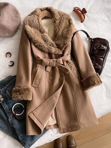Tween Girls'Elegant Camel Winter Overcoat,Fluffy Patchwork Waist Tie Snug Fit Long Style,Luxurious Jacquard High-End Fashion Coat For Birthday,Outdoor - Khaki - View 1
