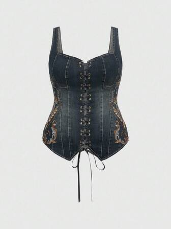 ROMWE Avant Plus Size Medieval Western Rustic Floral Embroidered Denim Blouse