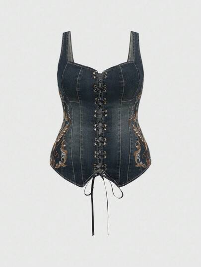 ROMWE Avant بلوزة جينز مطرزة بزخارف زهرية ريفية غربية متوسطة الحجم