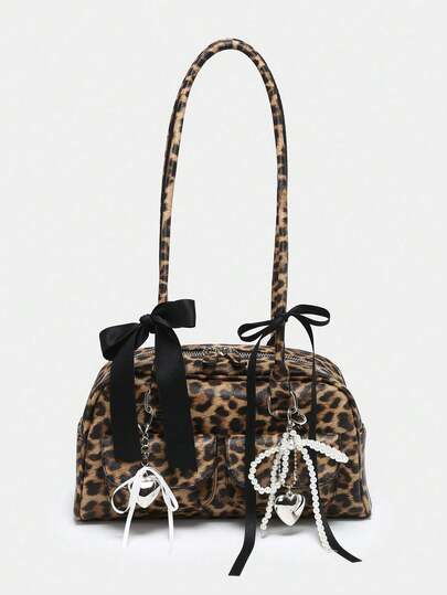 Goth Women's Vintage Cute Plaid Bowknot Pearl Chain Strap Decor Cherry Heart Accent Shoulder Underarm Tote Bag With Multi Pockets, Boston Style