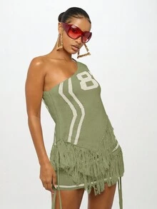 SUMWON WOMEN Minifalda de punto con detalles de flecos, diseño de número universitario, alta moda, estilo asimétrico envolvente, pieza de declaración de moda de otoño e invierno, pasarela de moda - Verde - Ver 4