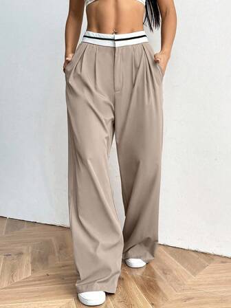 SHEIN EZwear Plus Size Summer Contrast Color Pocket Loose Fit Wide Leg Pants Graduation,Back To School,Teacher Outfits For Women In Fall/Winter