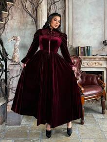 Lyrianda Christmas Plus Size Velvet Ruffle Hem Dress