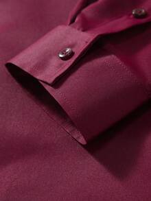 Manfinity Mode Plus Size Men Solid Color Front Button Business Casual Long Sleeve Shirt, Fall - Burgundy - View 5