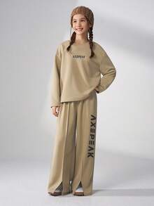 JNSQ Tween Girls 2pcs Set, Autumn Loose Fit Crew Neck Long Sleeve Sweatshirt Paired With Loose Straight Leg Sweatpants, Suitable For Autumn, Winter Daily Wear, Outdoor Activities, Vacation, Streetwear, Party And Casual - Coffee Brown - View 6