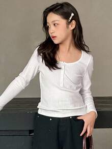 DAZY Áo thun dài tay cổ bẻ nửa khóa kéo cho bé gái tuổi teen, áo mùa thu cho nữ. - trắng - Xem 3