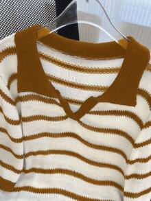 GlowEve CURVE 大码休闲拼色条纹针织上衣 - 棕色 - 查看 7