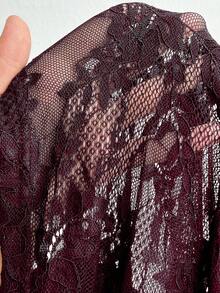 Viva Relle Valentine Women's Elegant V-Neck Lace-Trimmed Halter Neck Design, Red Plus Size Short-Sleeved Top, Perfect For Parties, Christmas, And New Year's. - Burgundy - View 7