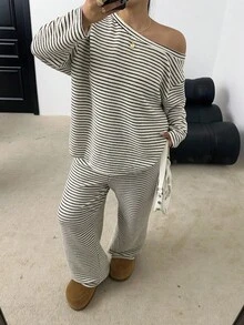 SHEIN POPSWAY 大码休闲条纹不对称领T恤和裤子两件套 - 彩色 - 查看 3