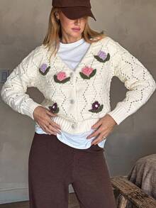 Vivie Lora Women's Floral Hollow-Out V-Neck Cardigan - Grey - View 2