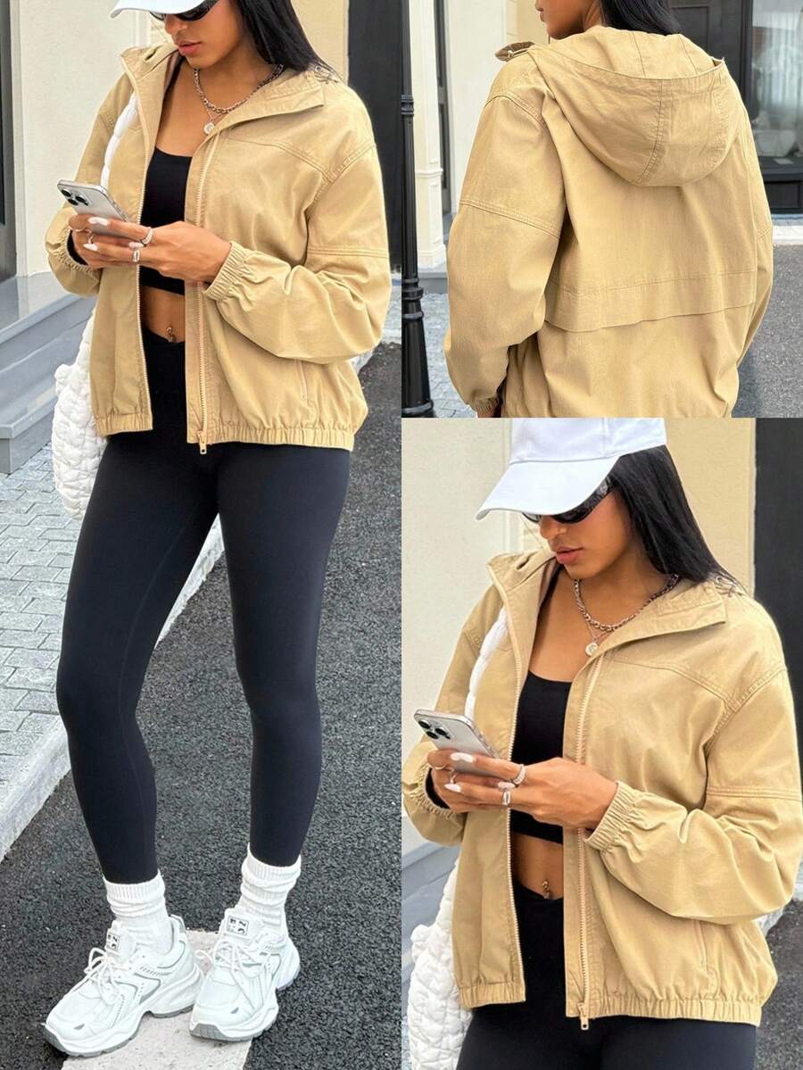 Chaqueta vaquera con capucha de unicolor casual para mujer - Caqui - Ver 1