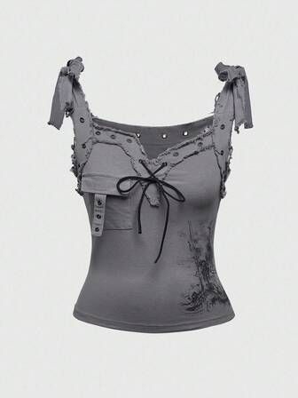 Grunge Punk Top vintage pour femmes avec poche effilochée et nœud teint avec sangles décoratives