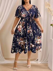 SHEIN Clasi Đầm Maxi Tay Cánh Bướm Họa Tiết Hoa Có Thắt Lưng Cho Nữ - Màu xanh hải quân - Xem 1