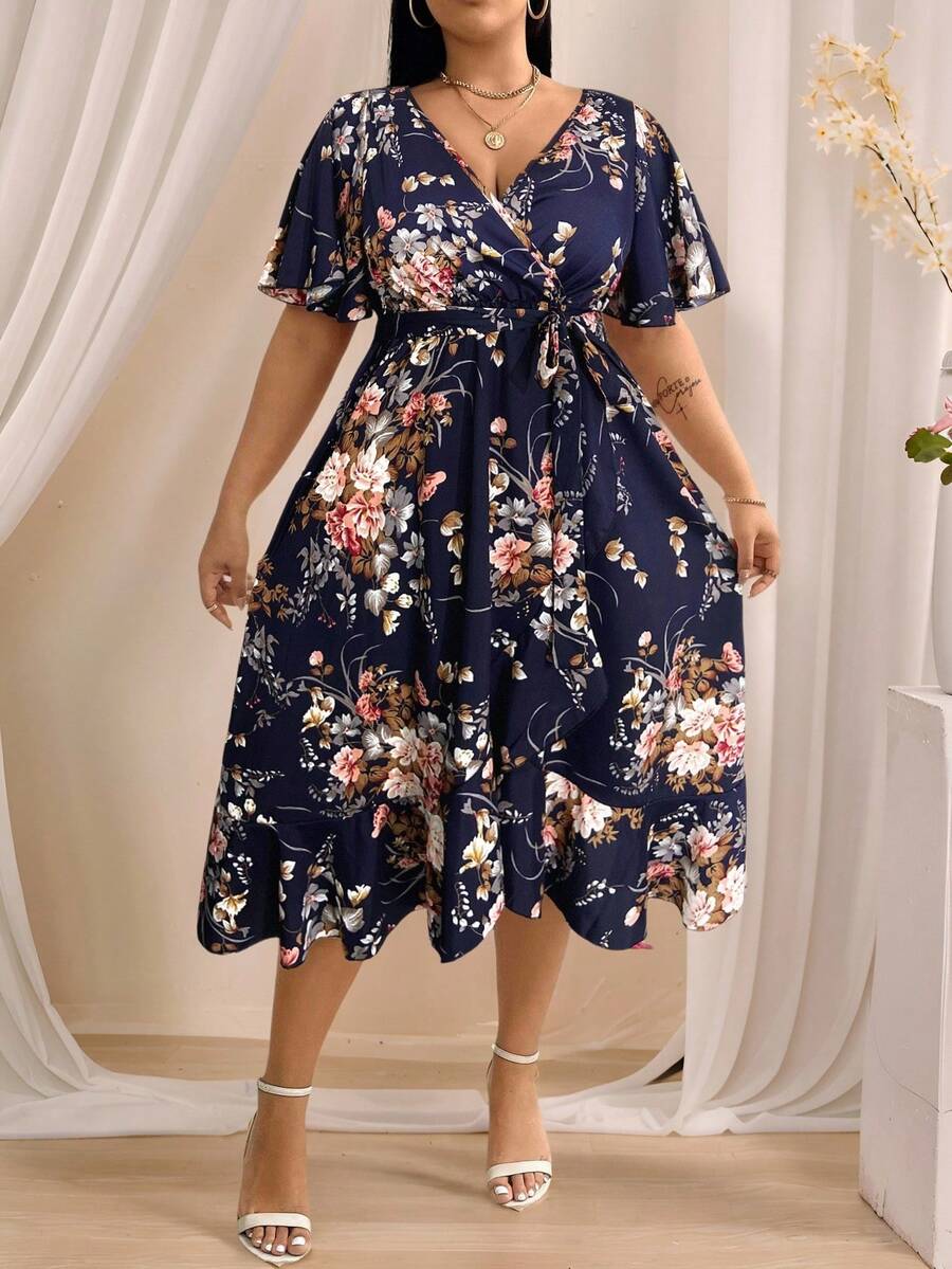 SHEIN Clasi Đầm Maxi Tay Cánh Bướm Họa Tiết Hoa Có Thắt Lưng Cho Nữ - Màu xanh hải quân - Xem 1