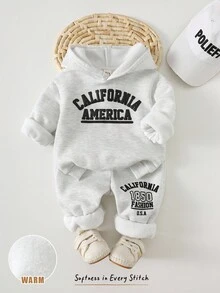 Cozy Pixies Set de 2 piezas de sudadera con capucha de manga larga y pantalón jogger de cintura elástica con estampado de letras minimalista para bebé niño